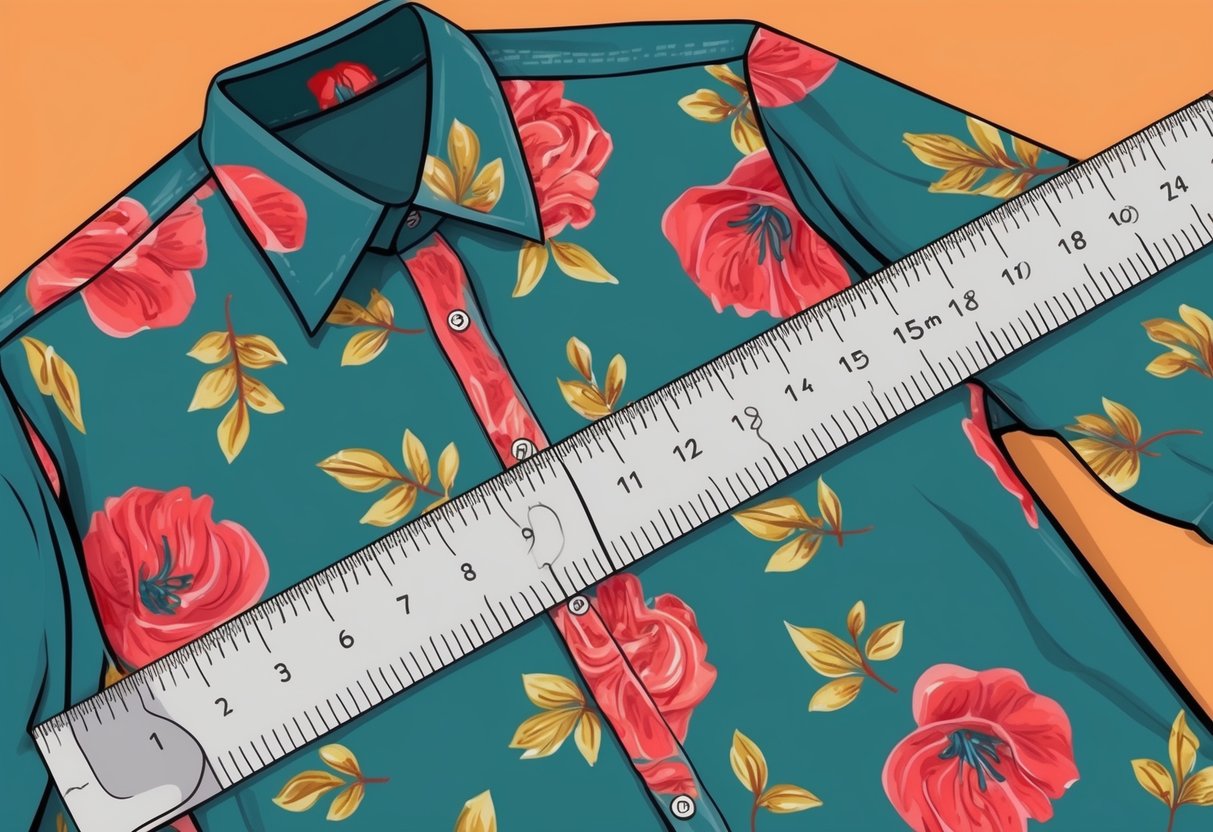 A ruler measuring the dimensions of a shirt with a design