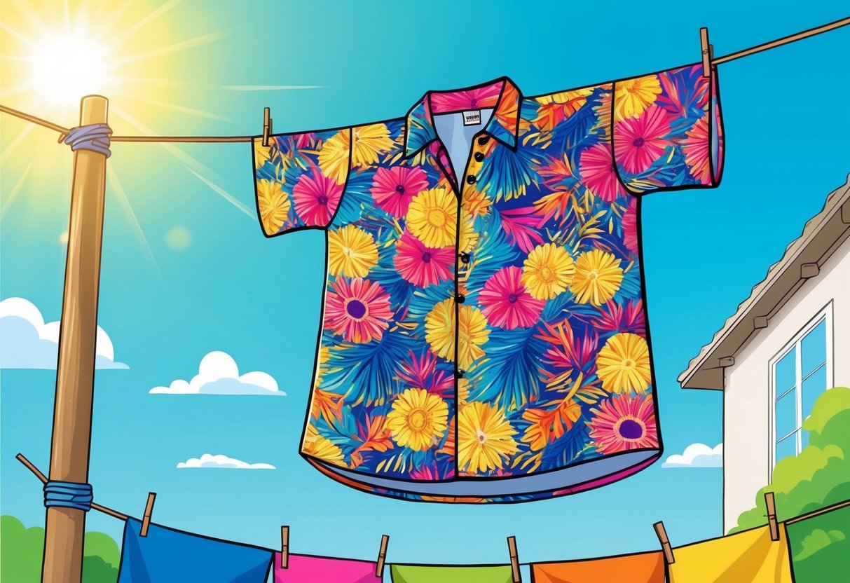 A vibrant shirt with a DTF print, hanging on a clothesline outside, with the sun shining and a light breeze blowing