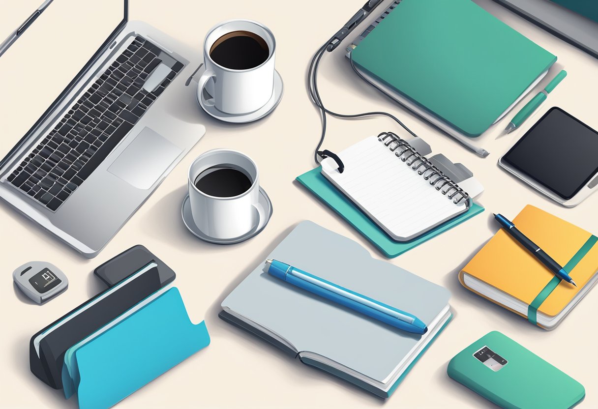 Everyday items arranged neatly on a desk: coffee mug, notebook, pen, laptop, and phone charger. Bright, organized, and ready for use