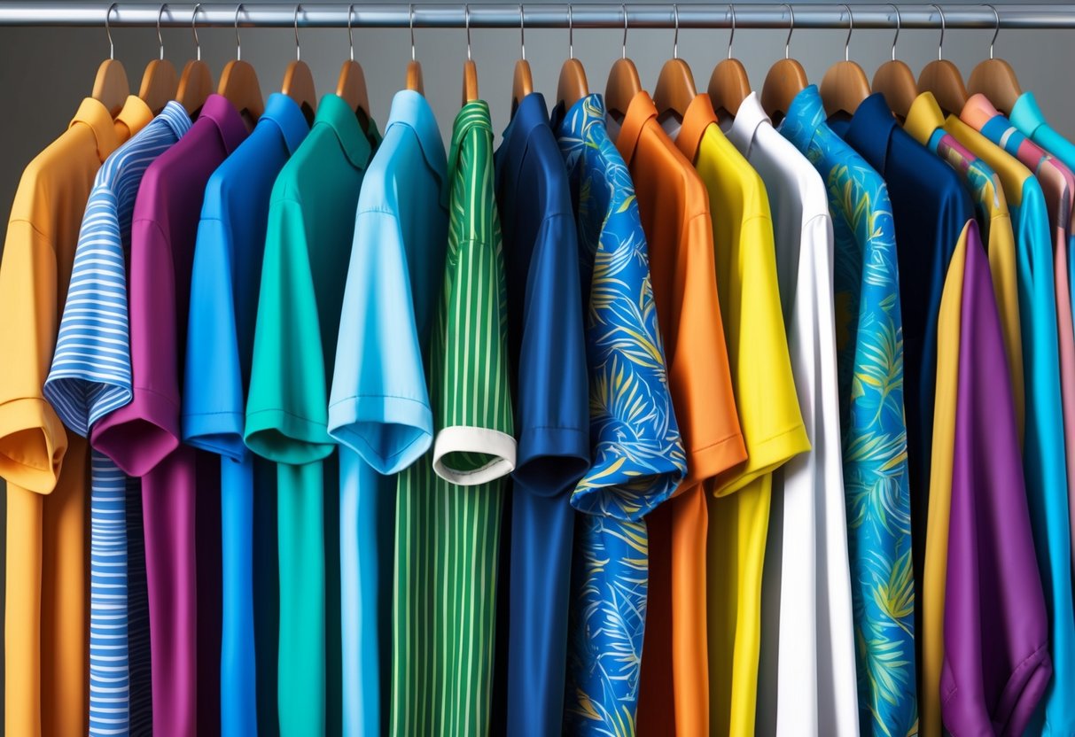 A variety of shirts made from different fabric types, such as cotton, polyester, and silk, with vibrant designs and colors, hanging on a clothing rack