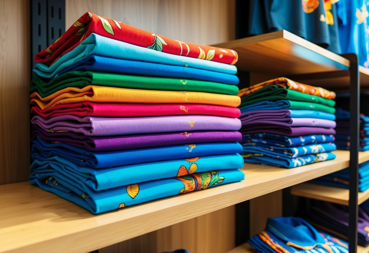 A stack of colorful DTF-printed shirts neatly folded on a display shelf, with vibrant designs and high-quality prints