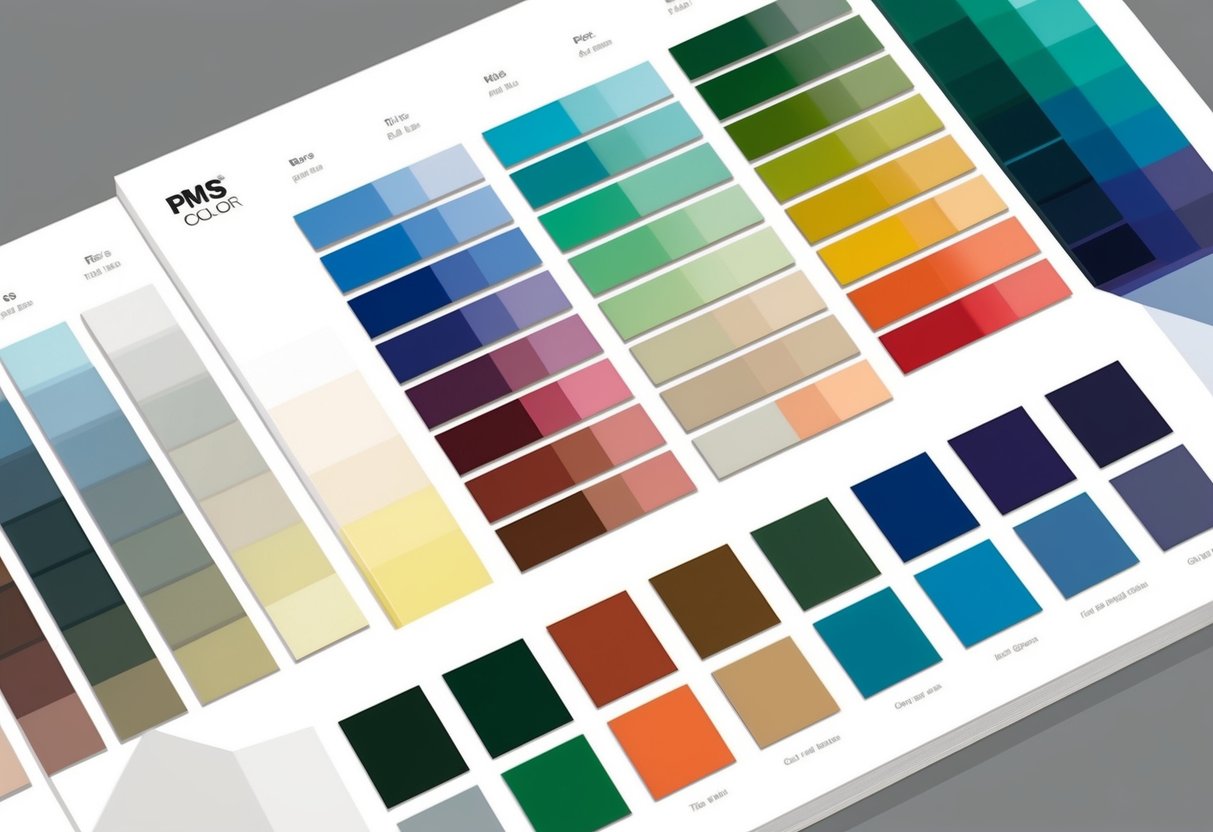 A color swatch book with various shades and tones arranged in a gradient, showcasing the PMS color system