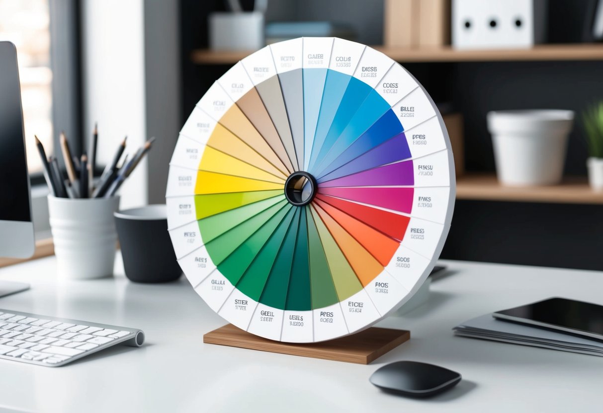 A color wheel with various shades and tints, labeled with PMS codes, displayed on a designer's desk