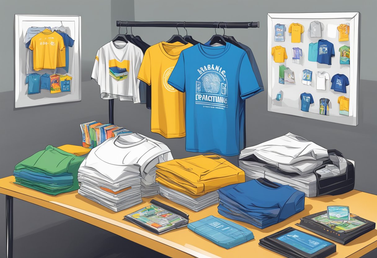 A table with various t-shirt designs, a donation box, and promotional posters