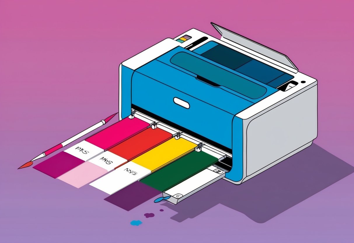 A printer mixing various ink colors to match a specific PMS color swatch