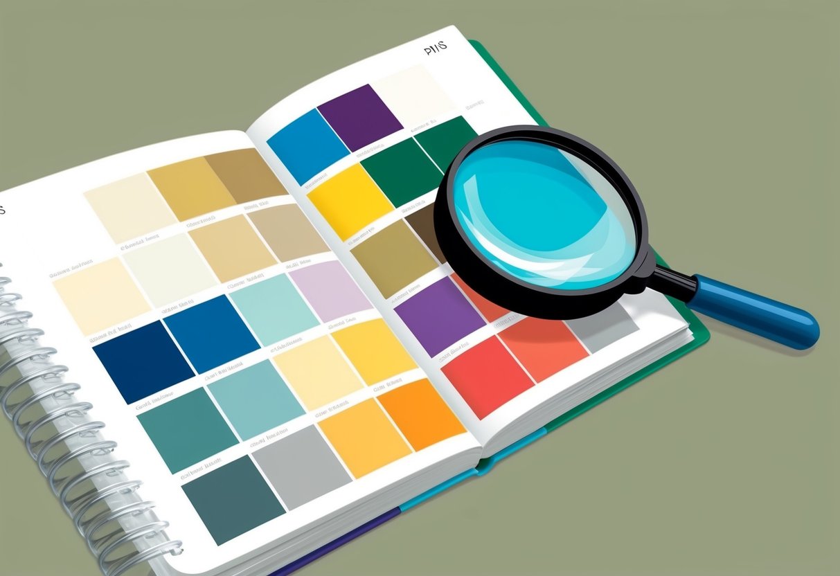 A color swatch book open to the page with various shades of PMS colors, with a magnifying glass highlighting a specific color