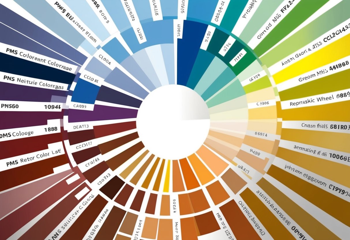 A color wheel with various shades and tones arranged in a spectrum, labeled with PMS color codes