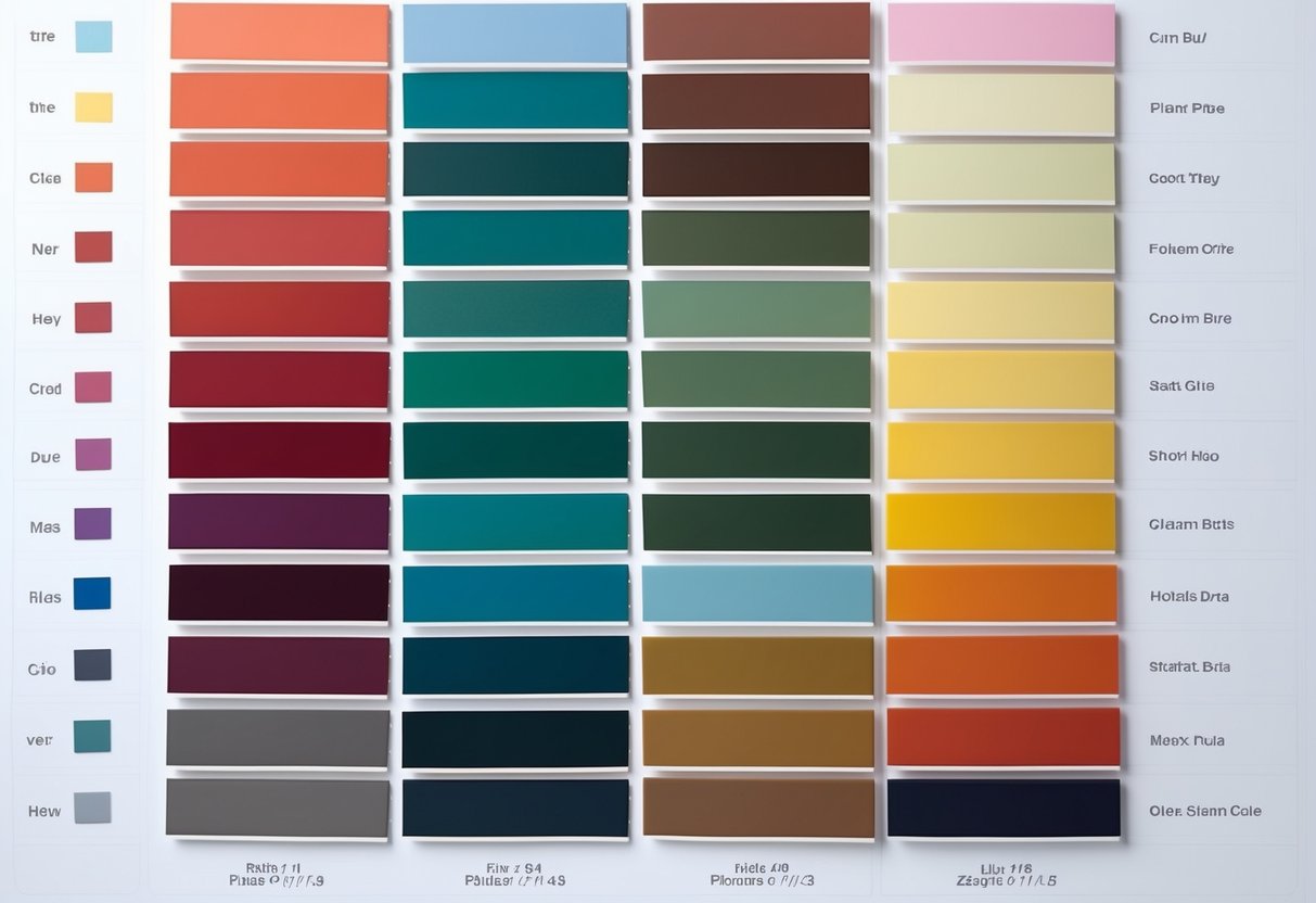 A palette of PMS color swatches arranged in a grid, with each color clearly labeled and organized by hue