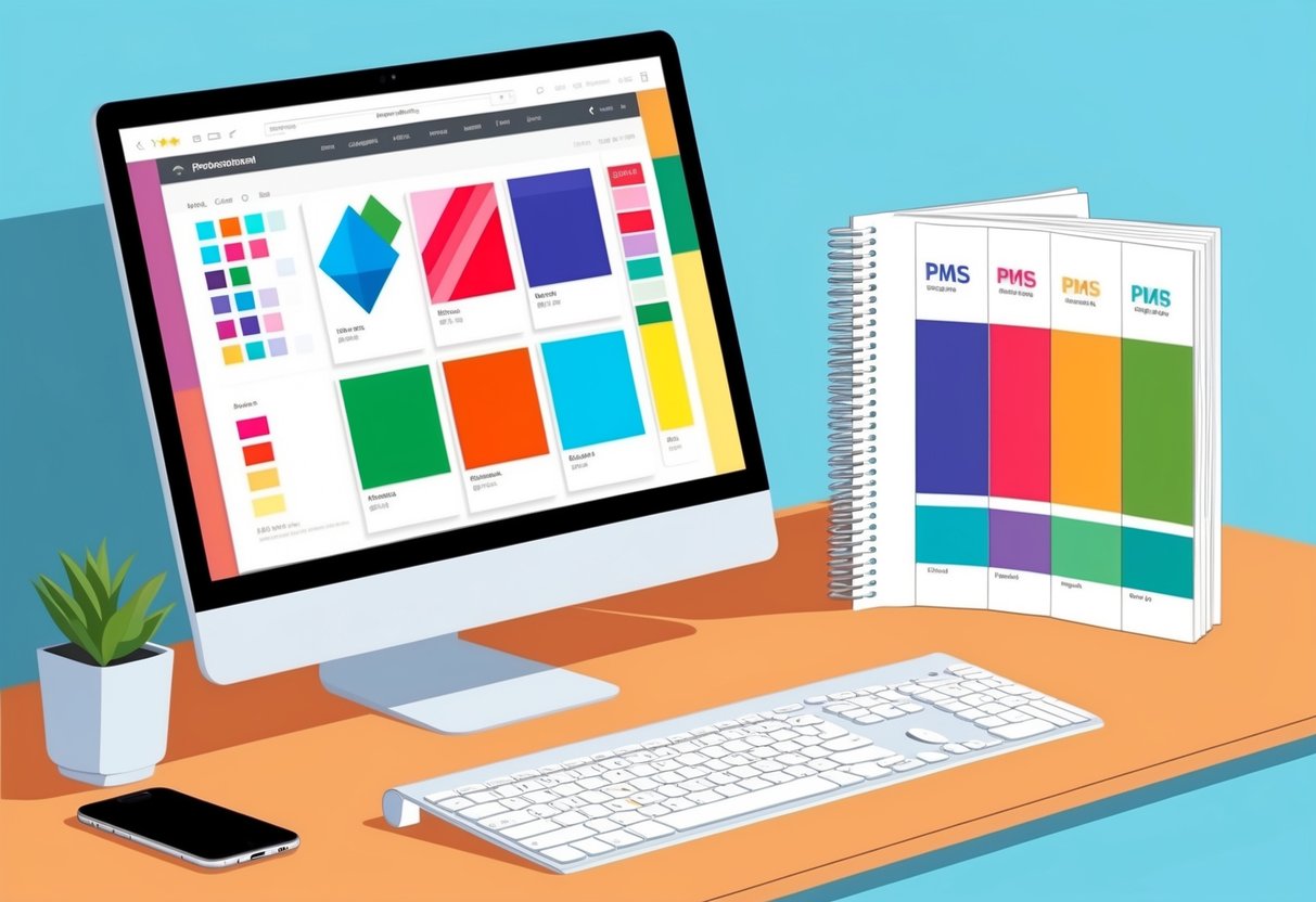 A computer screen displaying various digital design elements in different PMS colors with a Pantone color guide book open next to it for reference