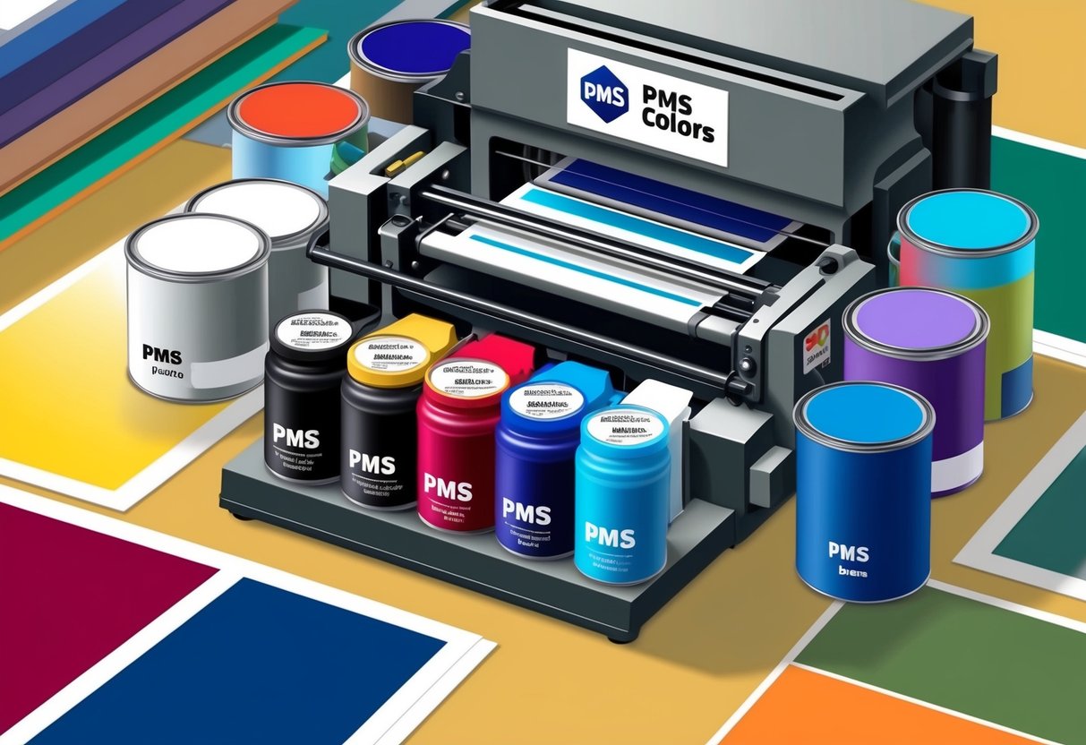 A printing press with ink cans labeled PMS colors, surrounded by printed materials in various shades