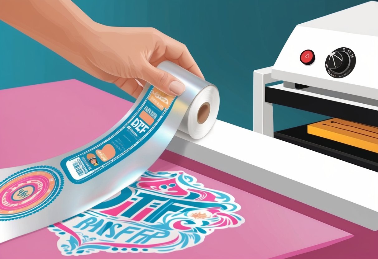 A roll of DTF transfer film being applied to a fabric surface, with a heat press machine in the background