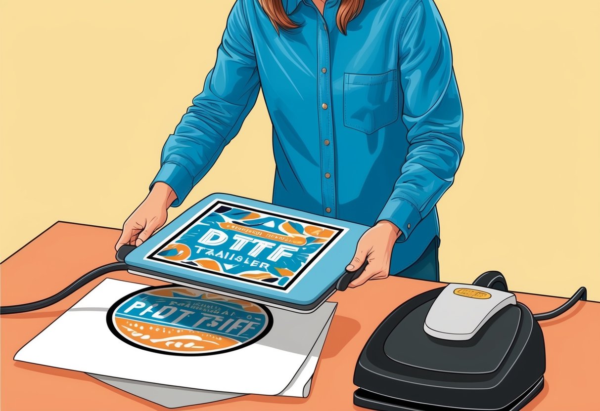 A person prepares and applies a DTF transfer onto a fabric surface, using a heat press to secure the design