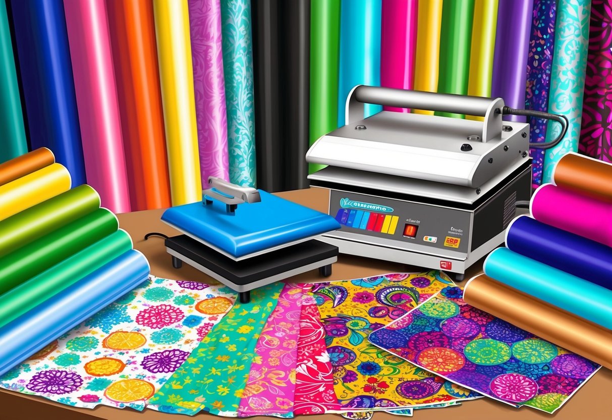 A colorful array of fabric rolls, heat press machine, and vibrant DTF transfer prints displayed on a work table