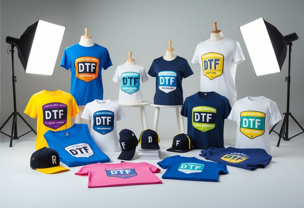 A colorful array of custom apparel items with DTF transfers, displayed in a well-lit studio setting, showcasing the vibrant and durable print quality