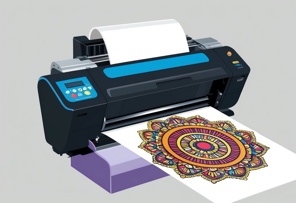 A printer producing a vibrant DTF transfer on a white fabric with intricate details and bold colors