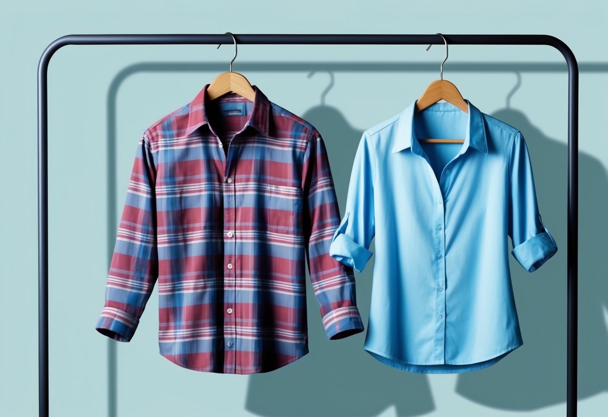 A men's medium shirt hanging on a coat rack next to a women's small shirt