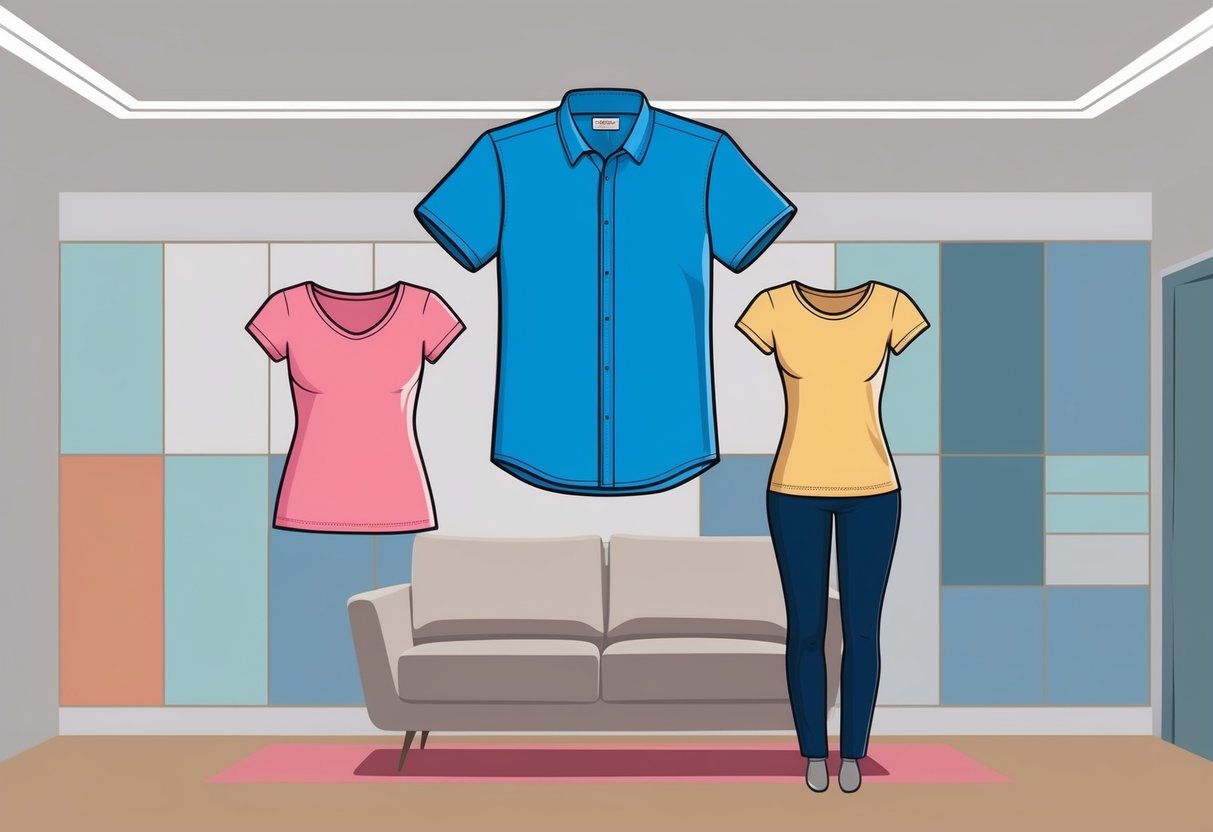 A men's medium shirt floating above a women's size 0 and size 00 shirt, highlighting the difference in size