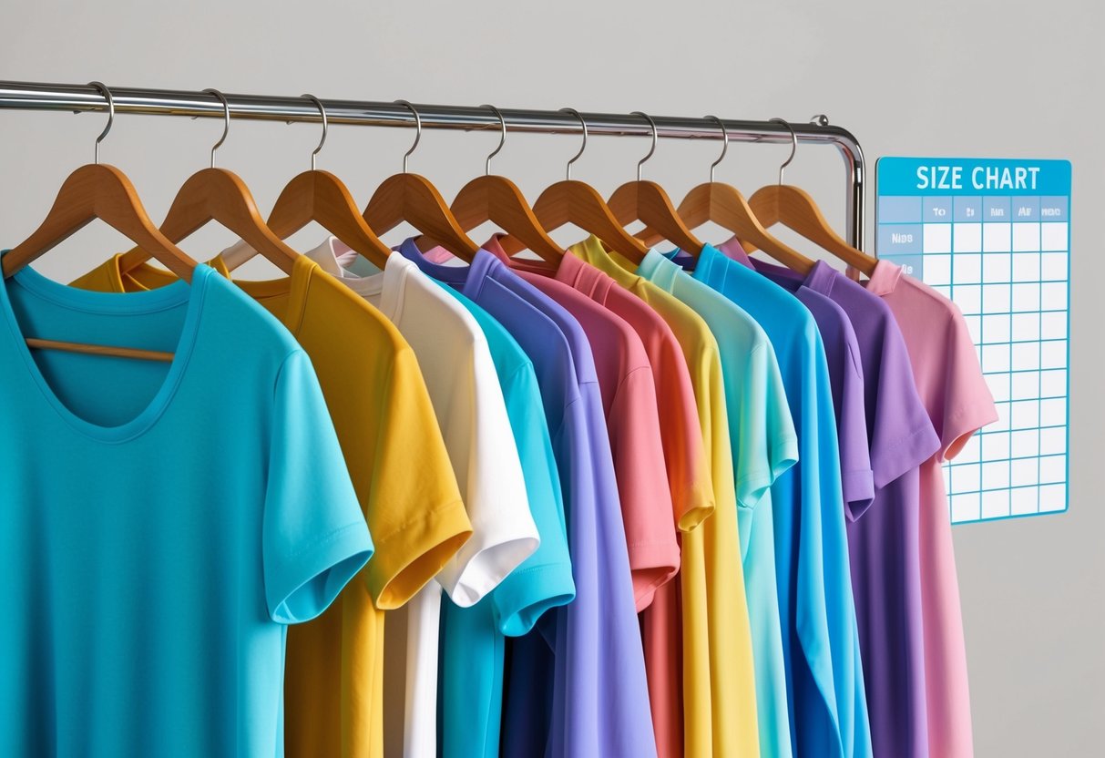 A row of gender-neutral clothing on hangers, with a clear size chart displayed nearby