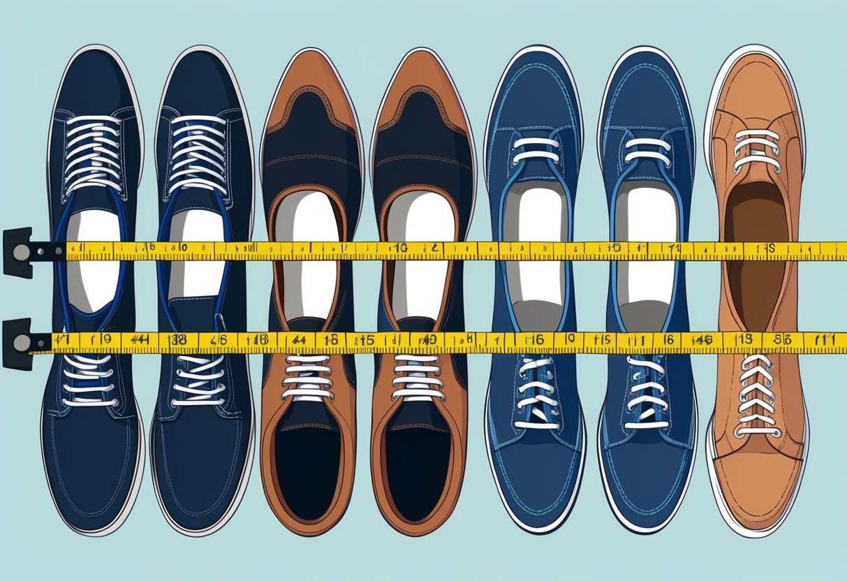 A row of men's and women's shoes side by side, with a measuring tape stretched across to show the difference in sizes