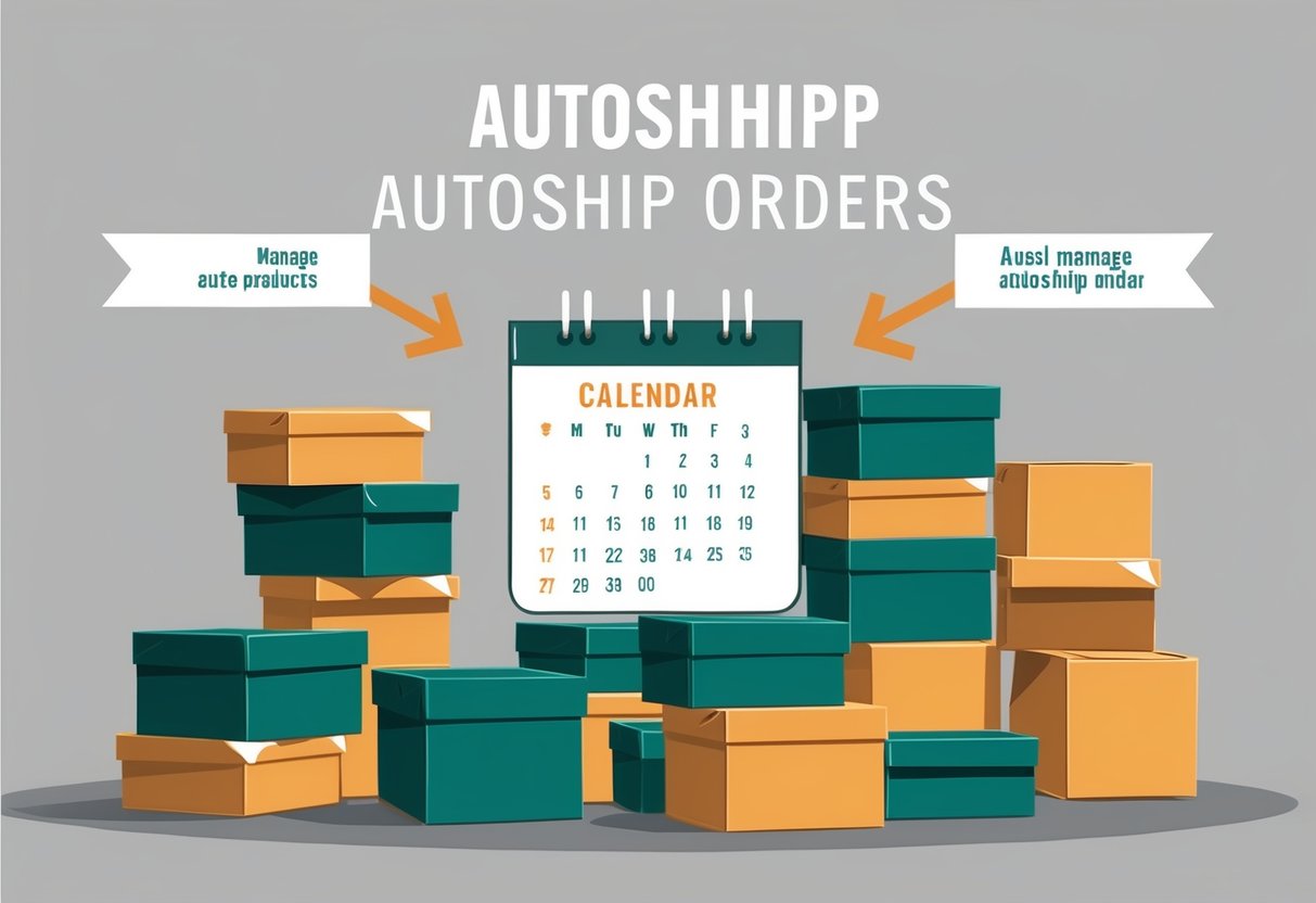 A stack of product boxes with arrows pointing to a calendar, symbolizing the concept of managing autoship orders