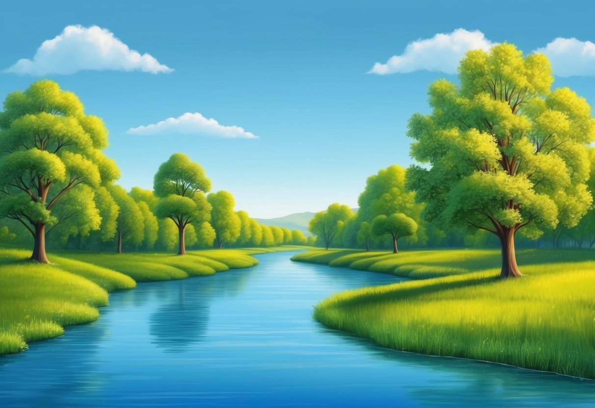 A serene landscape with a calm blue river, surrounded by vibrant green trees and a clear blue sky, symbolizing mental health and tranquility