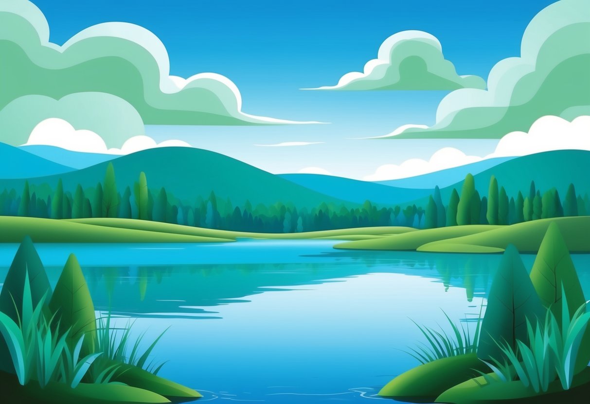 A serene blue and green landscape with a clear sky and calm water, representing mental health and tranquility