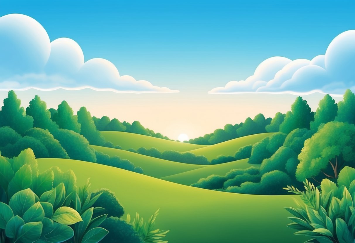 A serene landscape with a clear blue sky and lush greenery, symbolizing mental health and tranquility