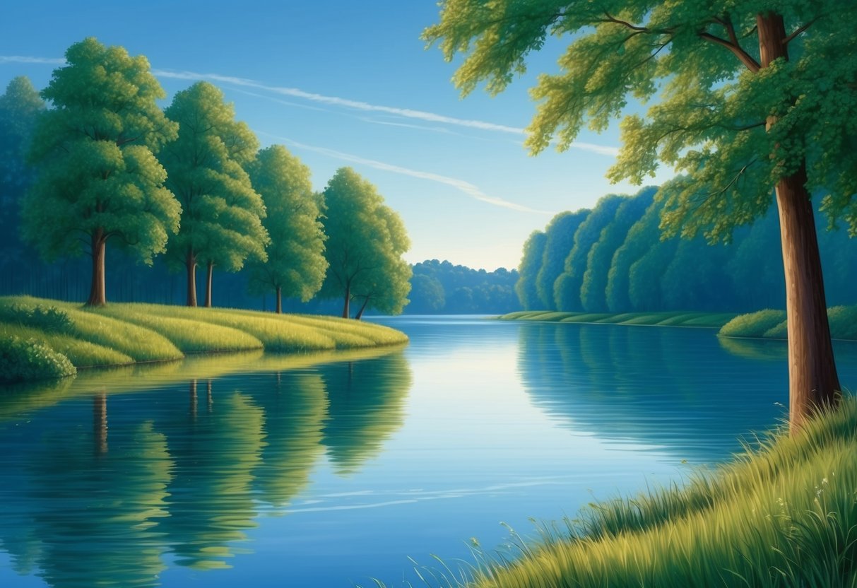 A serene scene with a calm, soothing blue sky reflecting on a still body of water surrounded by lush green trees