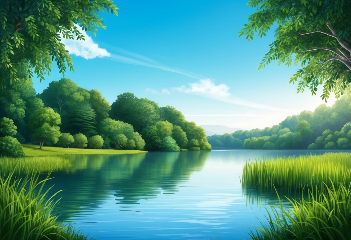 A serene scene of a peaceful lake surrounded by lush greenery, with a clear blue sky overhead, representing mental health