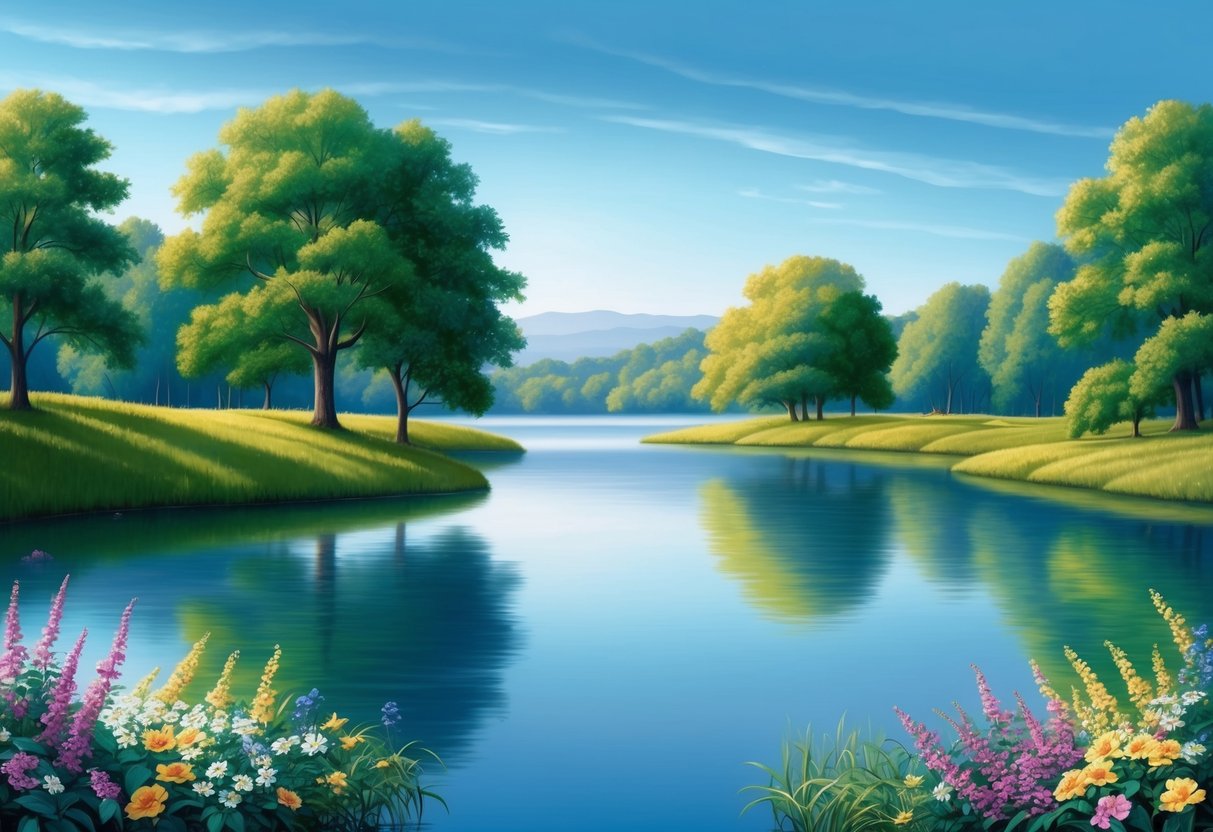 A serene scene with a calm, soothing blue sky reflecting onto a tranquil body of water, surrounded by lush green trees and vibrant flowers