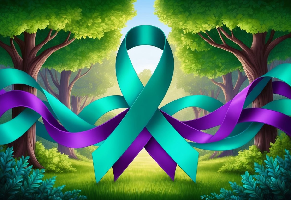 A vibrant scene with a ribbon of teal, purple, and green intertwining to symbolize mental health awareness and advocacy