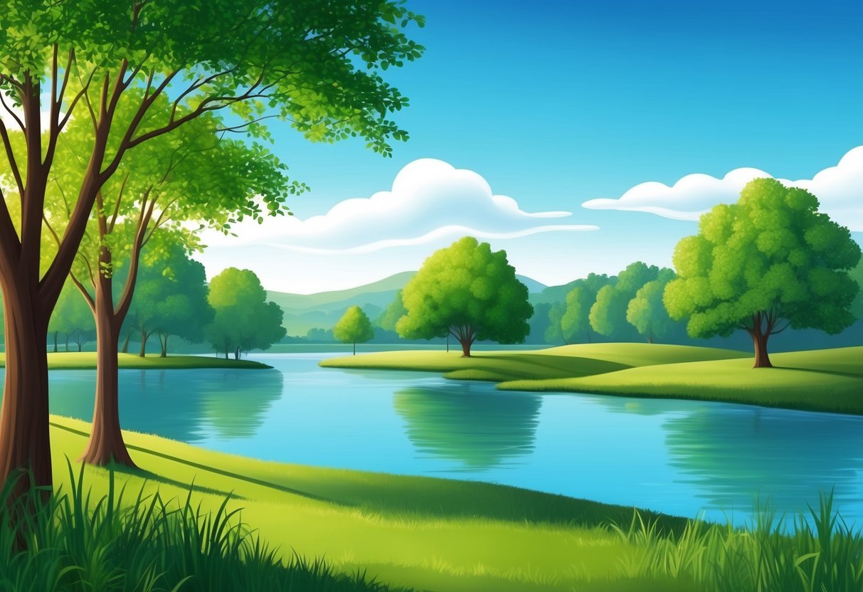 A serene landscape with a clear blue sky, lush green trees, and a calm body of water, representing mental health