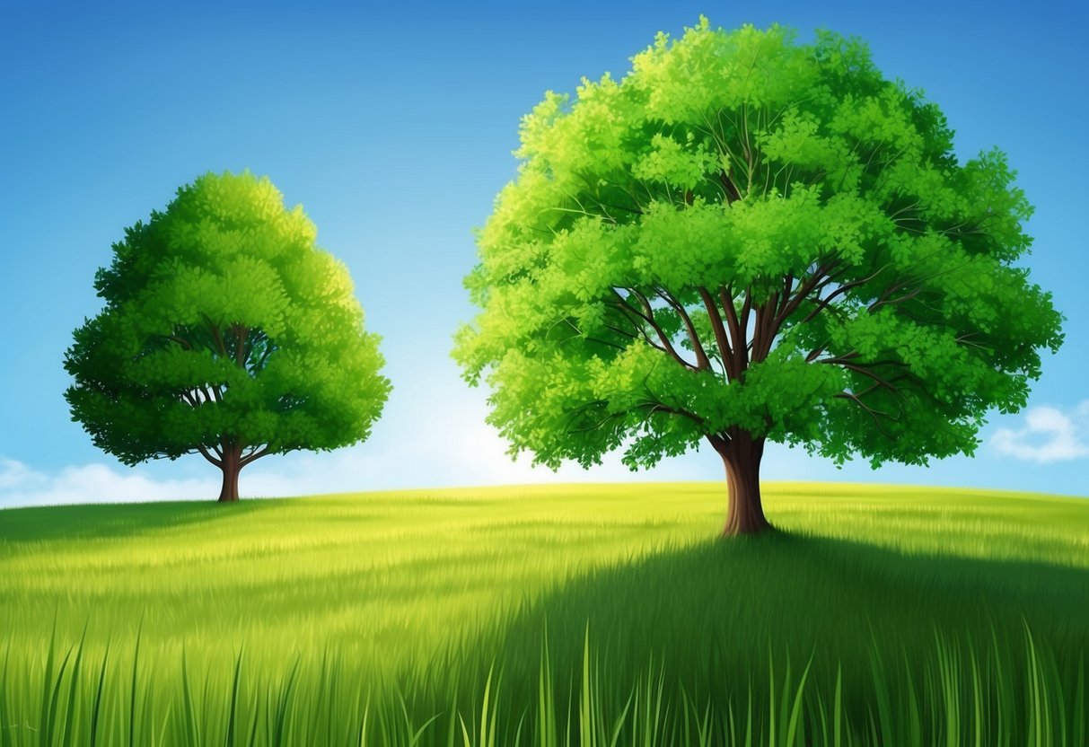 A serene, open field with a clear blue sky and a vibrant green tree, symbolizing mental health and tranquility