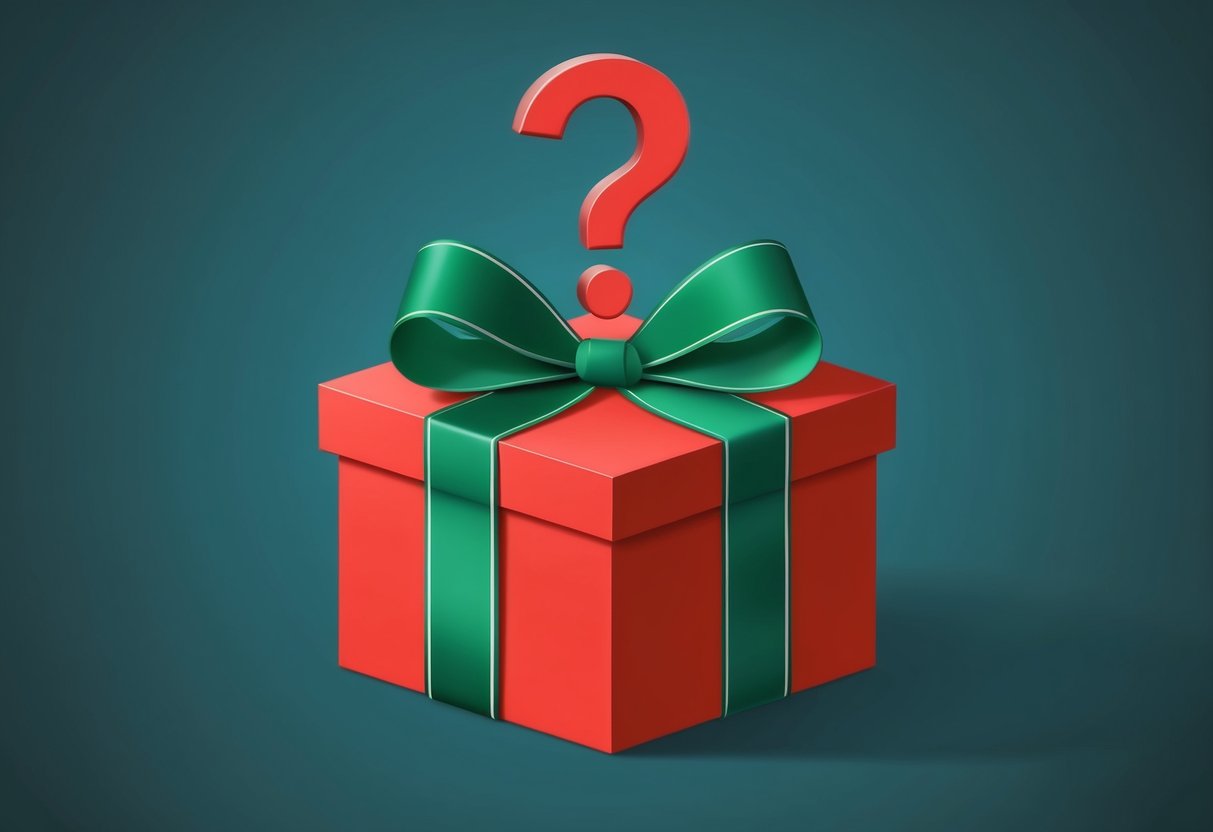 A green ribbon tied around a gift box with a question mark above it