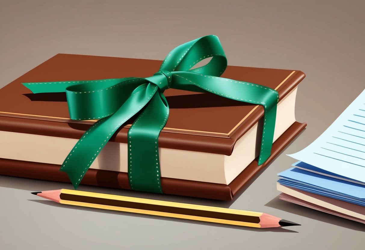 A green ribbon tied around a book, next to a pencil and a stack of papers