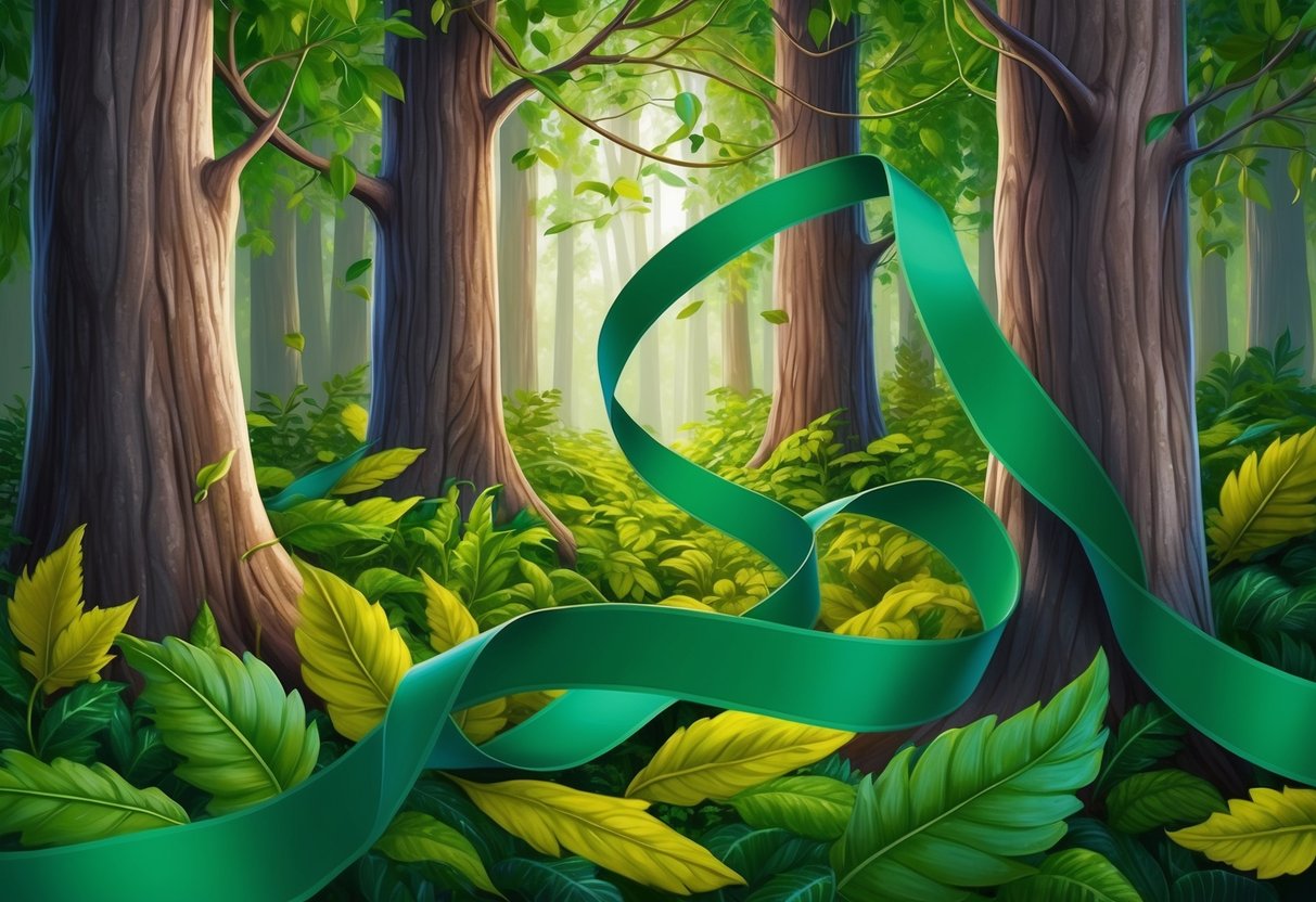 A green ribbon unravels through a lush forest, weaving through vibrant leaves and around sturdy tree trunks