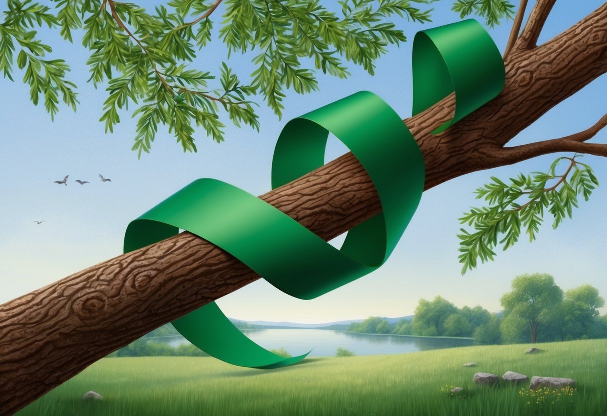 A green ribbon wrapped around a tree branch, with a serene landscape in the background