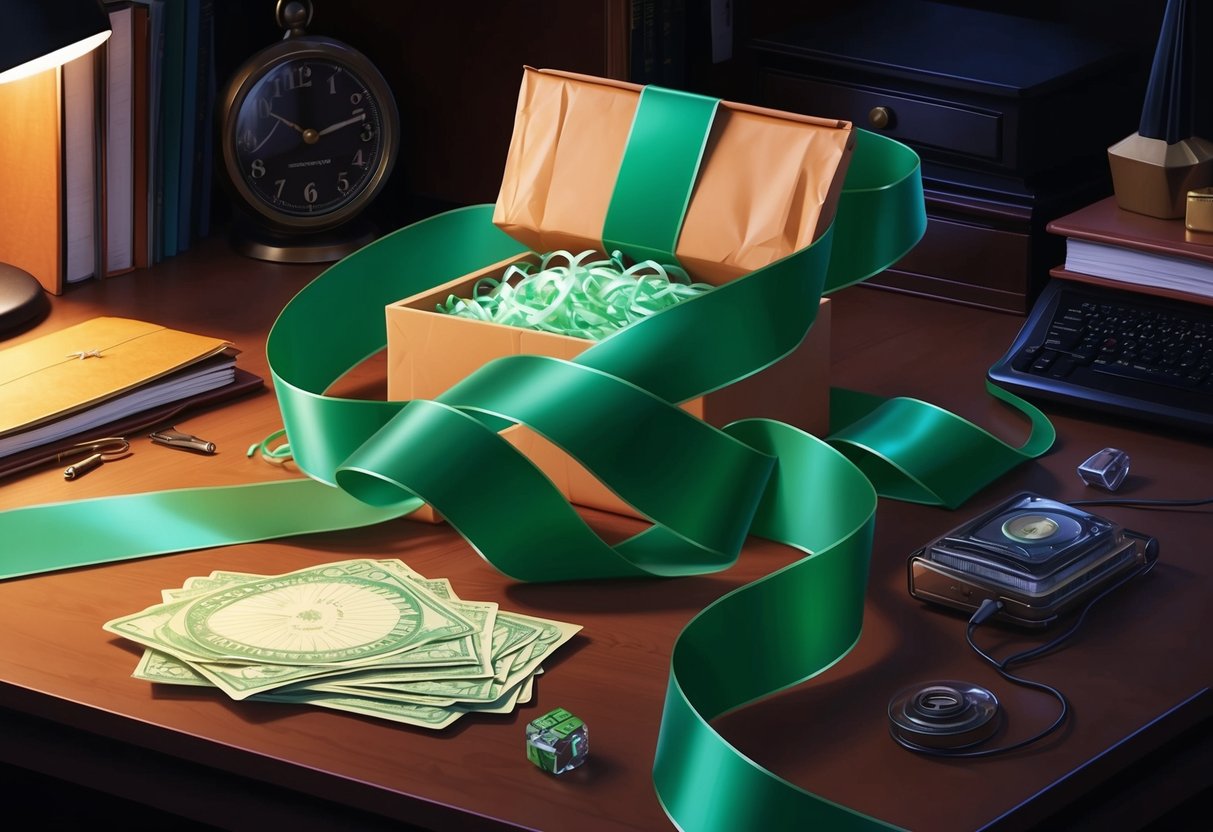 A green ribbon unravels from a mysterious package, winding its way around a cluttered desk