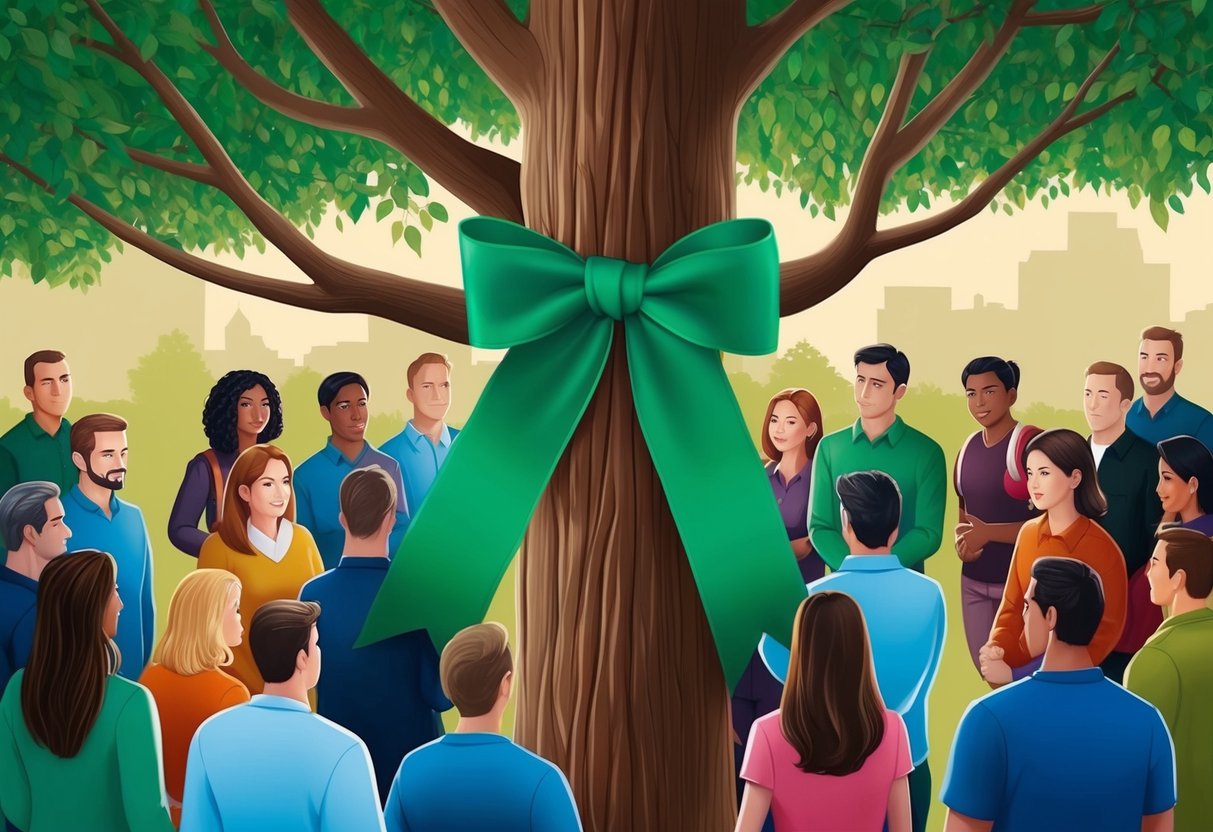 A green ribbon tied around a tree branch, with a group of people gathered in support