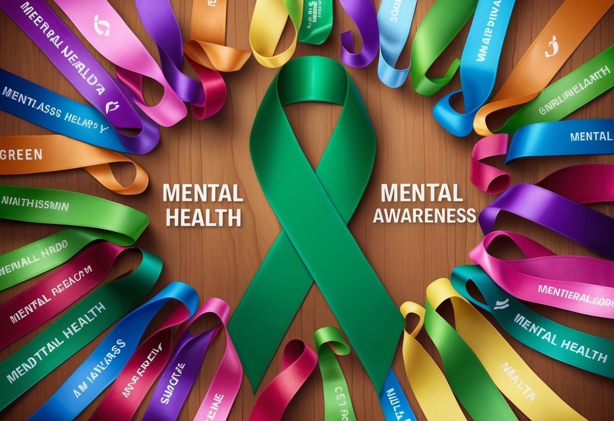 A green ribbon representing mental health awareness, surrounded by ribbons of various colors symbolizing different causes