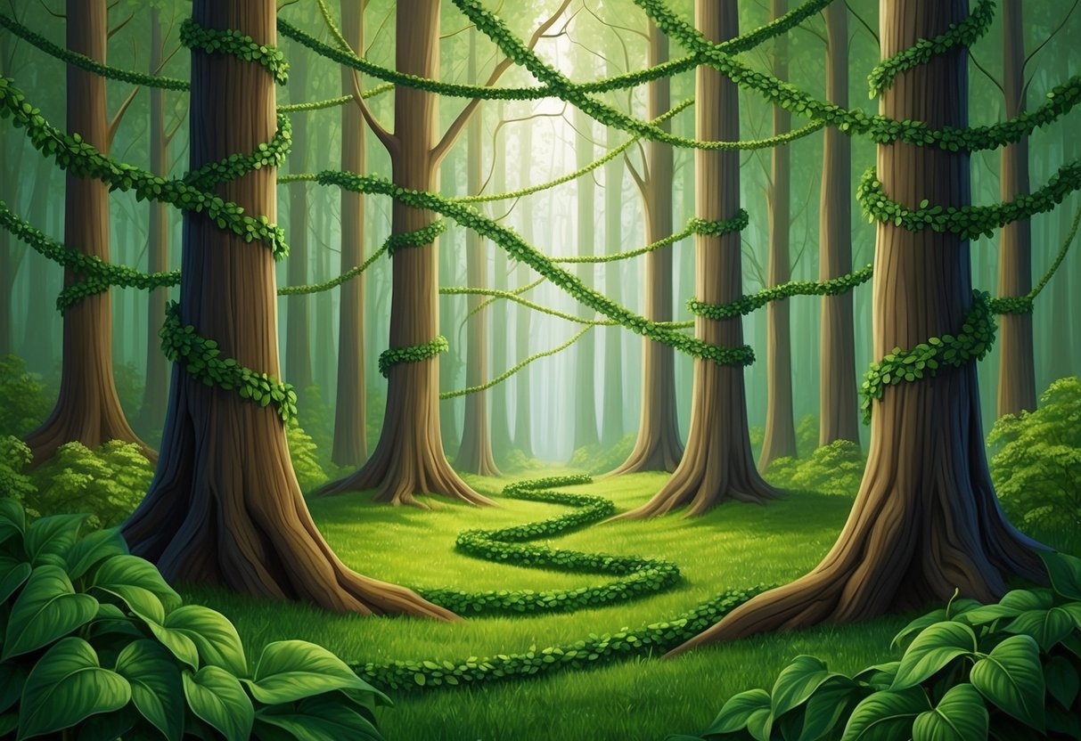 A lush forest with winding green ribbons of vines, symbolizing unity and nature's interconnectedness