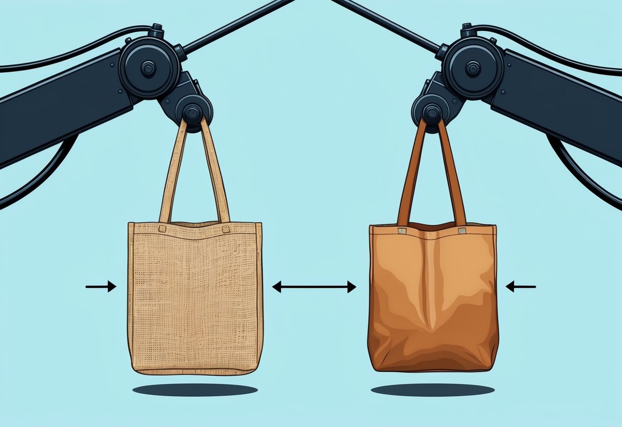 A jute tote bag and a canvas tote bag are being pulled in opposite directions by mechanical arms to test their durability and strength