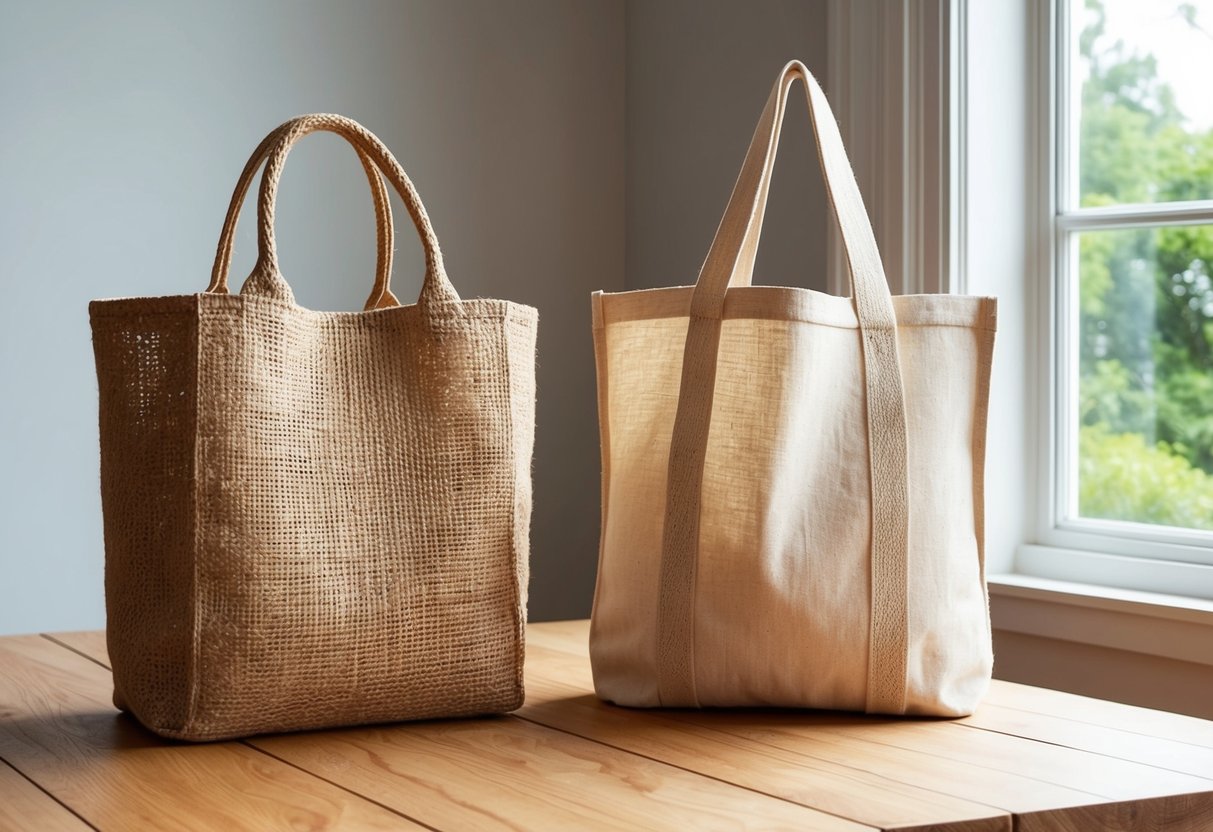 A jute tote bag lies next to a canvas tote bag on a wooden table, with natural light filtering in from a nearby window