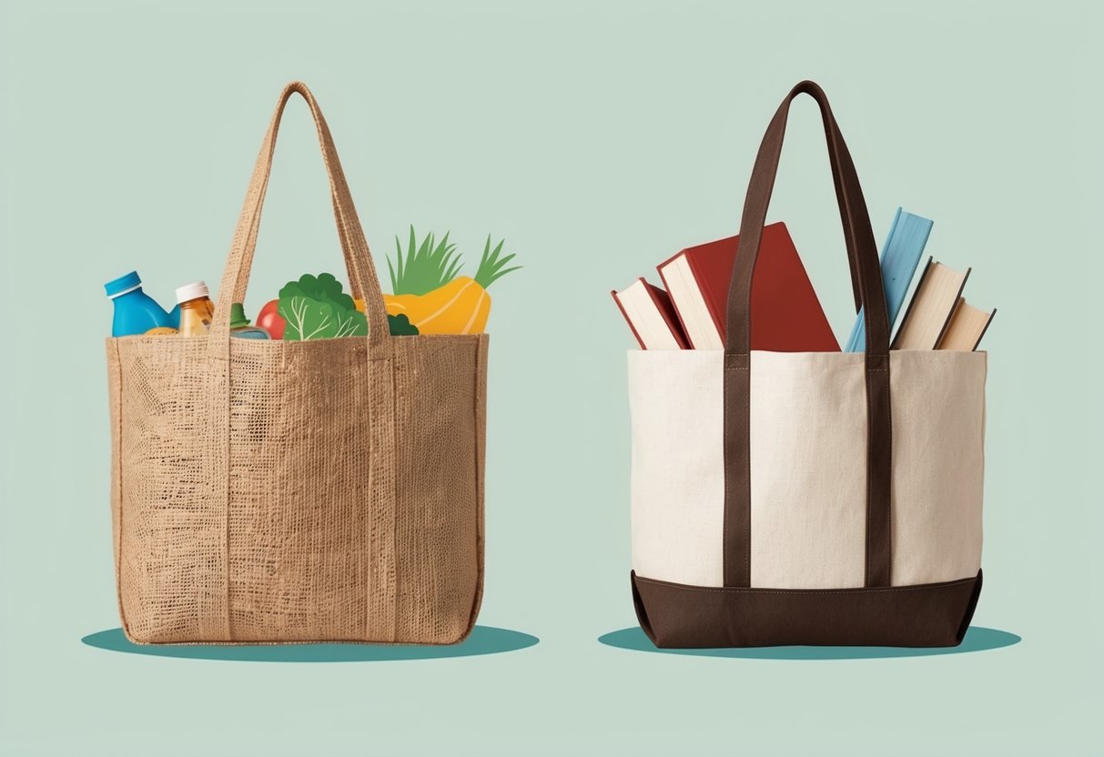 A jute tote bag filled with groceries alongside a canvas tote bag filled with books, showcasing their functional differences