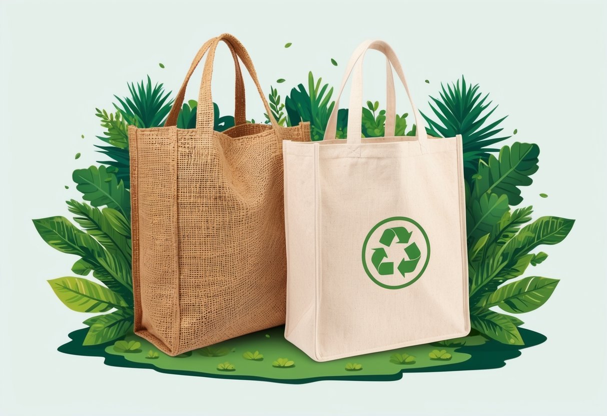 A jute tote bag next to a canvas tote bag, surrounded by greenery and eco-friendly symbols