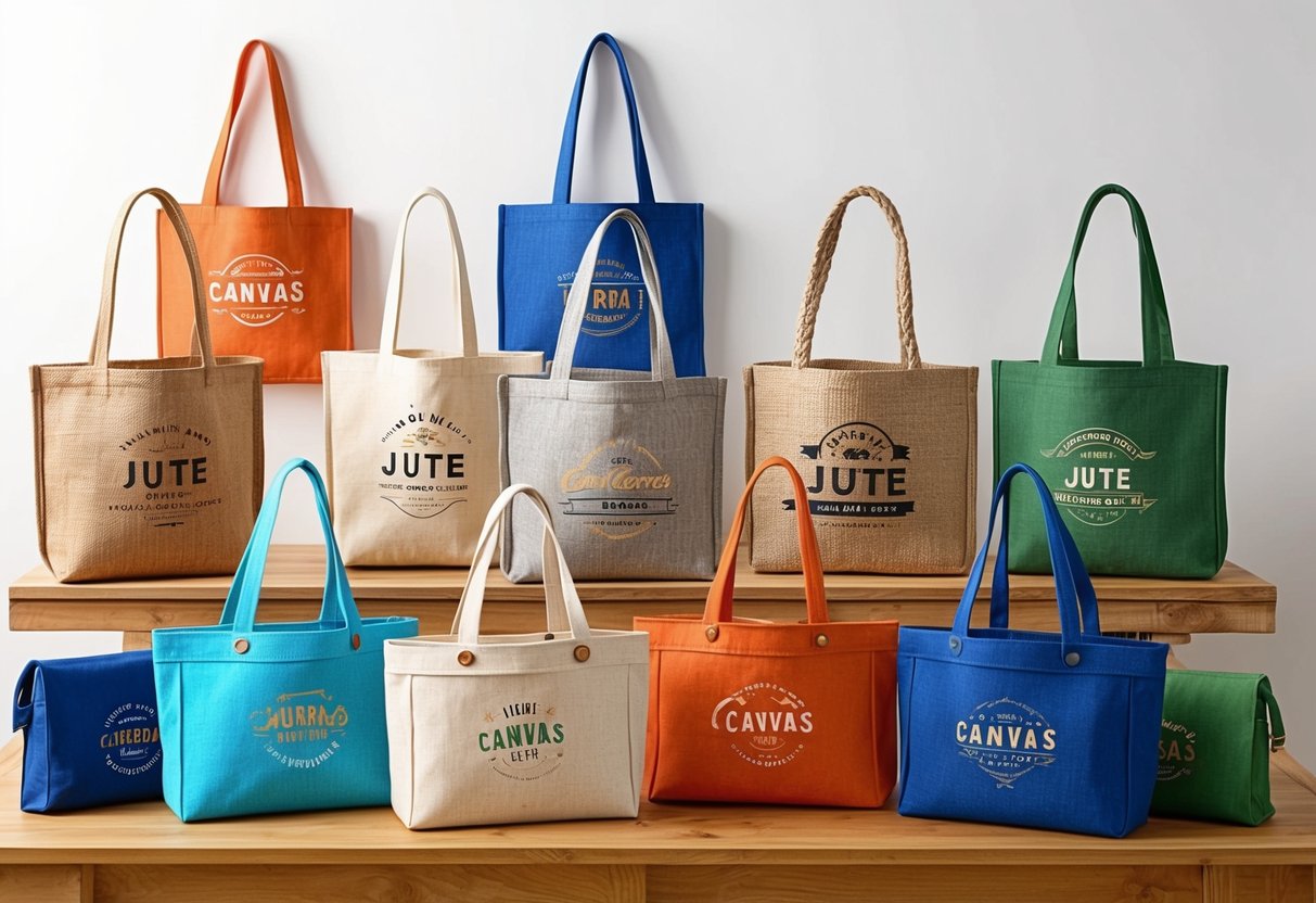 A table displaying various jute and canvas tote bags with different design options and customization features