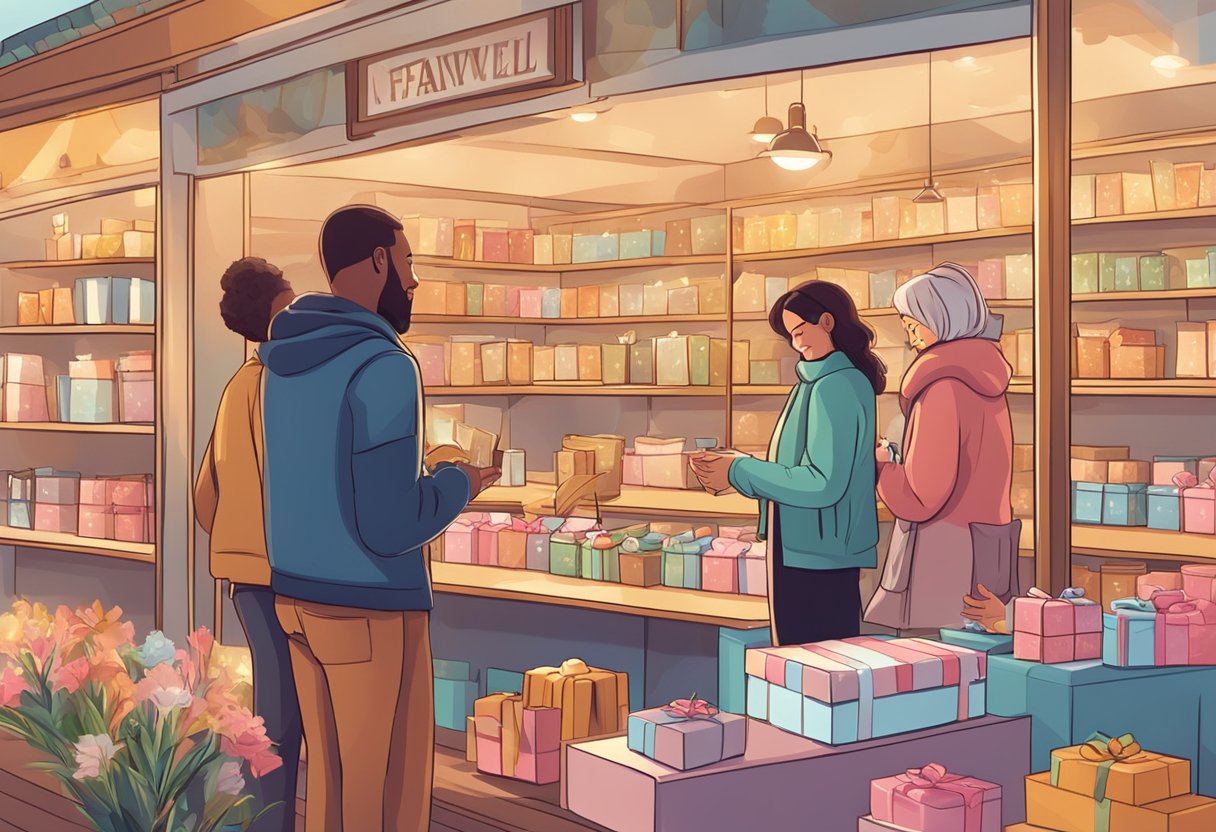 A group of friends carefully selecting a thoughtful farewell gift from a display of various options in a well-lit and cozy gift shop