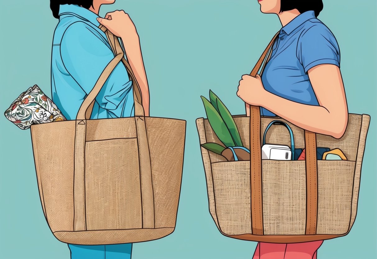 A person comparing jute and canvas tote bags with various items inside