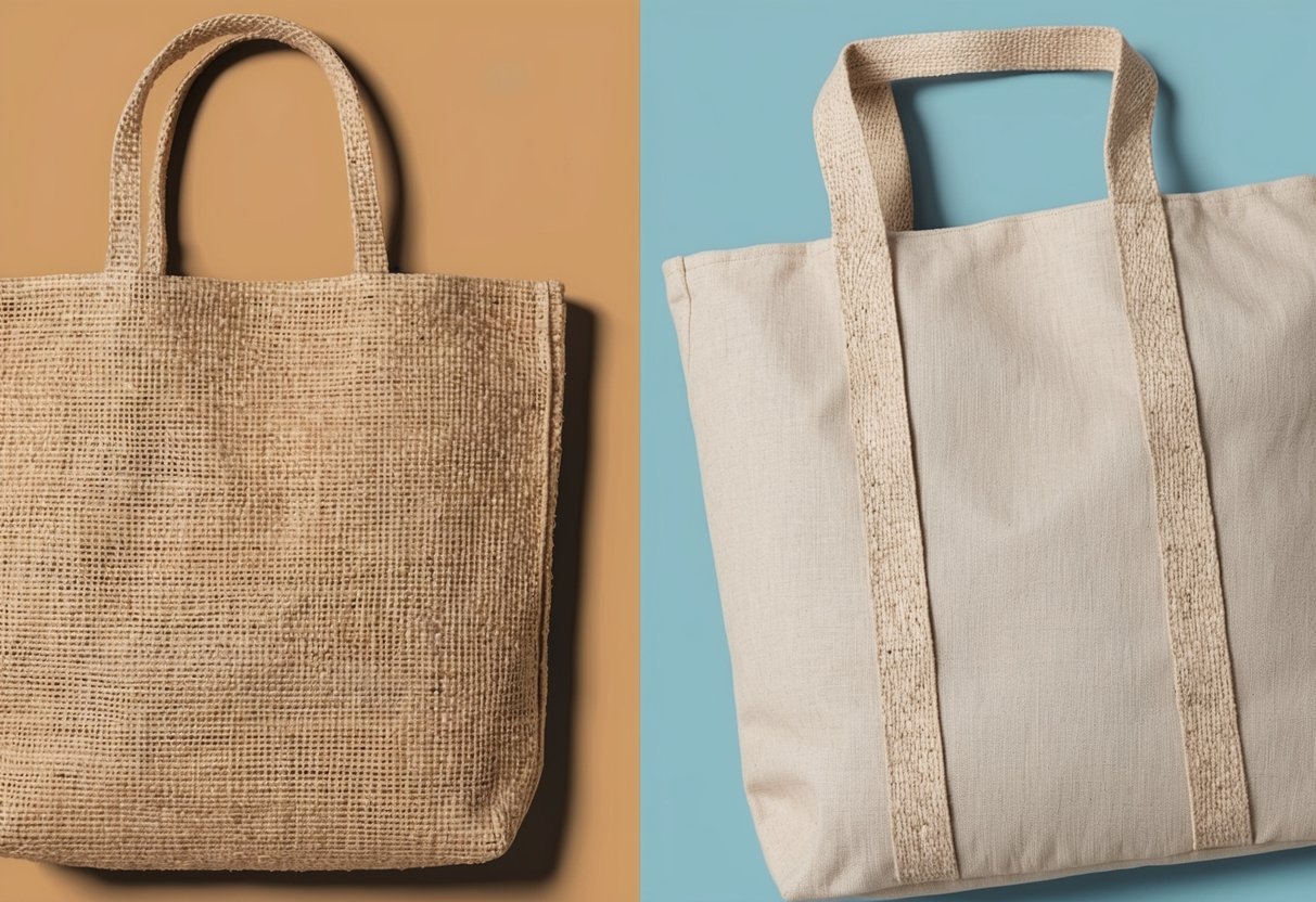 A jute and canvas tote bag lie side by side, emphasizing their contrasting textures and aesthetic qualities