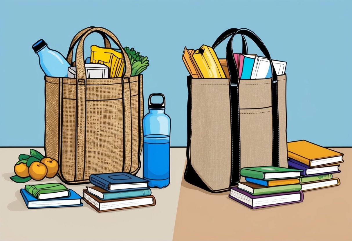 A jute tote and a canvas tote side by side, with various items spilling out of them, such as groceries, books, and a water bottle